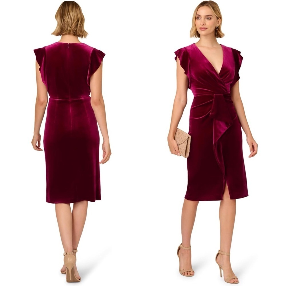 ADRIANNA PAPELL FUCHSIA PINK VELVET SURPLICE MIDI DRESS AP1D105513 - Picture 2 of 14
